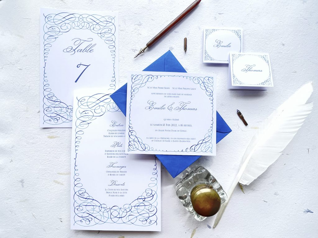 Noémie Keren wedding stationery suite, "Bleu de Jay" Collection, Copperplate-style arabesques.