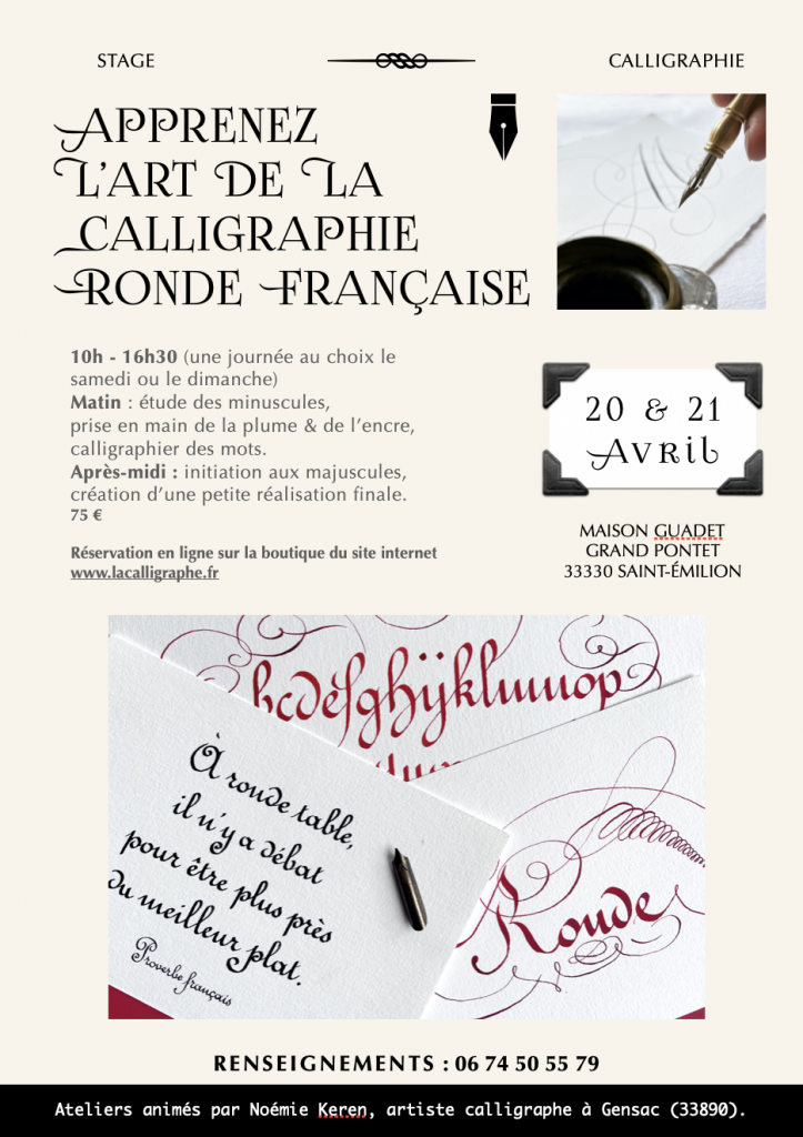 stage calligraphie ronde française saint-émilion noémie keren la calligraphe